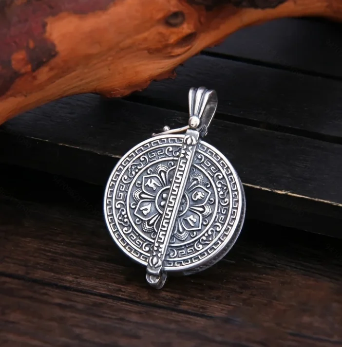 Retro Silver Color Small Buckle Hidden Round Card Lotus Pendant Necklace for Men\'s Good Lucky Jewelry Accessories Gift