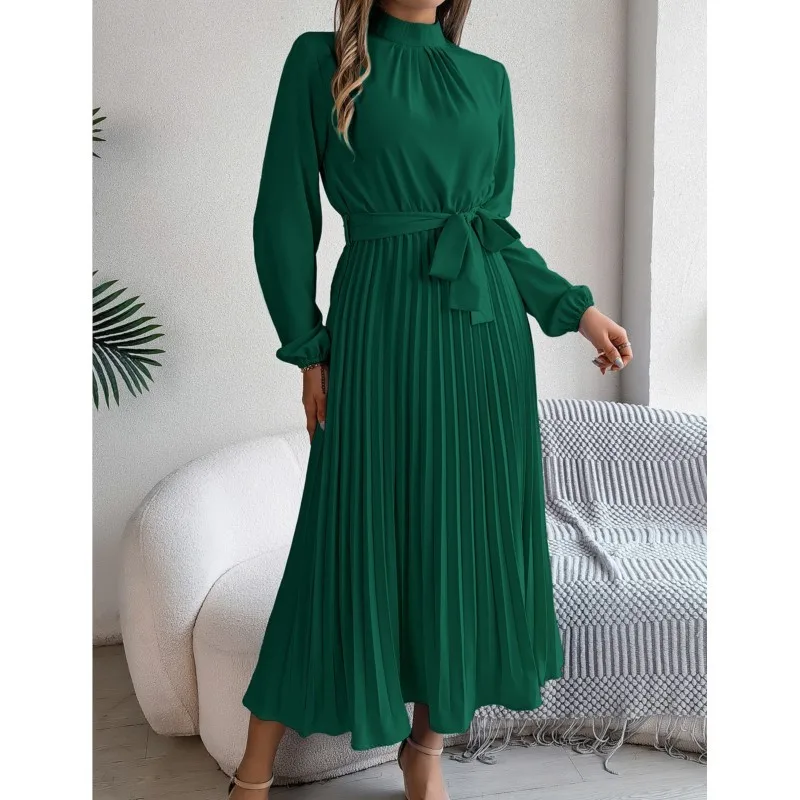 Autumn And Winter Elegant Stand Up Collar Long Sleeved Waist Cinched Pleated Long Skirt Small Dress Women's Solid Maxi Dresses