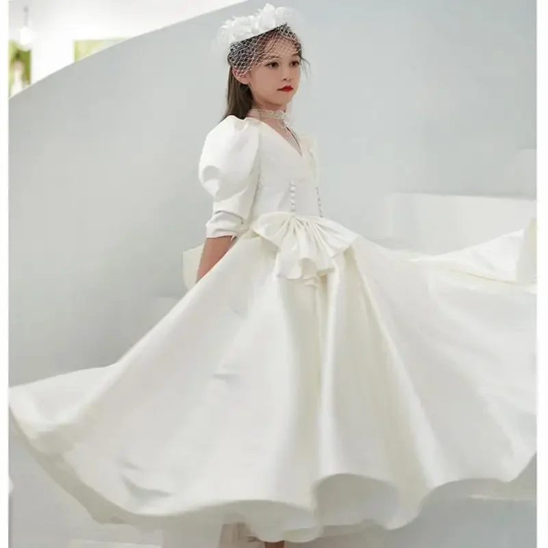 2023 Flower Girl Long Dress Kids Bridemaid Wedding Dresses For Children Big Bow Ball Gowns Girls Boutique Formal Elegant Frocks