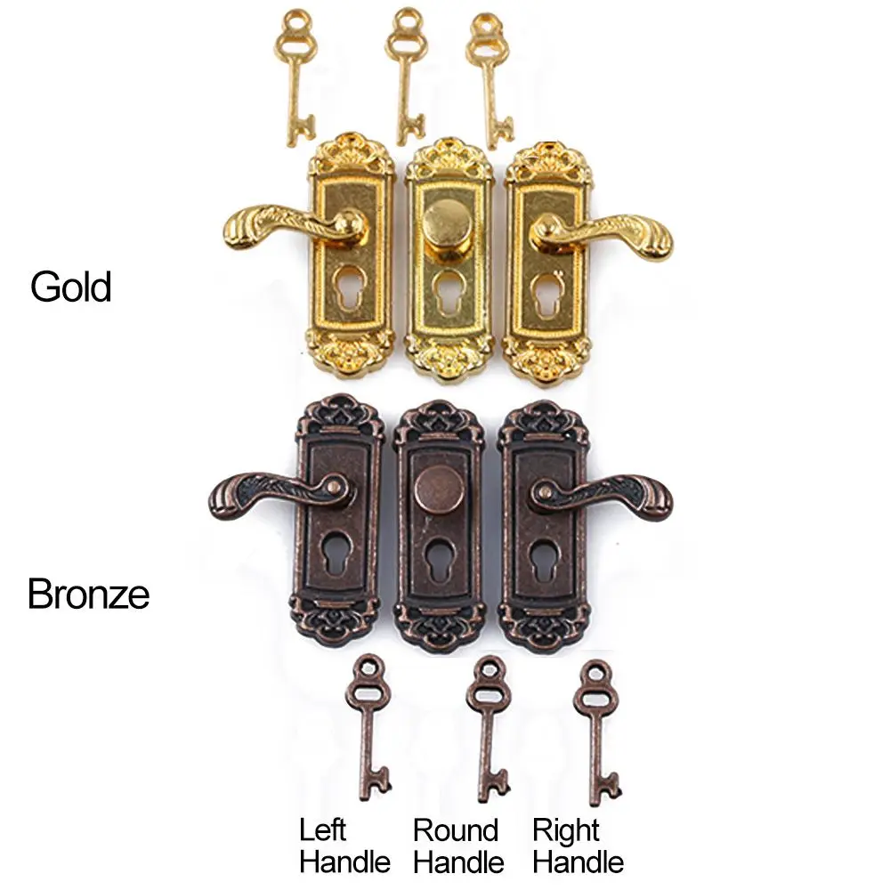 Zestaw kluczy i zamków do domku dla lalek w skali 1/12, miniaturowe klamki do drzwi, mosiężne gałki, mini meble, akcesoria DIY do domku dla lalek