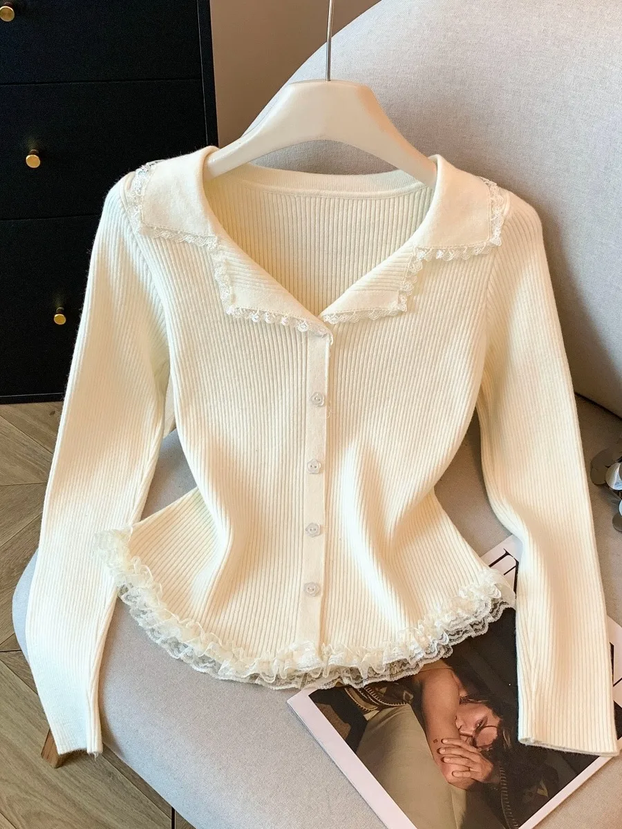 Maglione lavorato a maglia con finiture in pizzo color vino rosso Capispalla invernale da donna Sli Bellissimo piccolo top da pendolarismo Sle Slim Fit