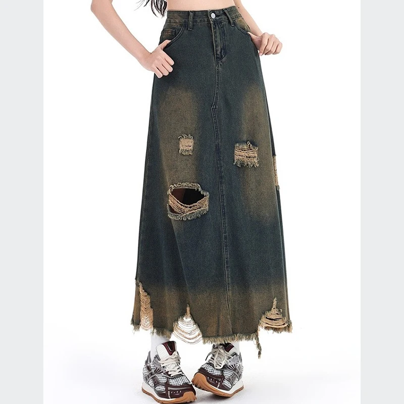 

Lady High Waist Korean Retro Denim Ripped Long Skirts Female Fashion Irregular Hole Dress Girls Vogue Blue A Line Jeans Skirts