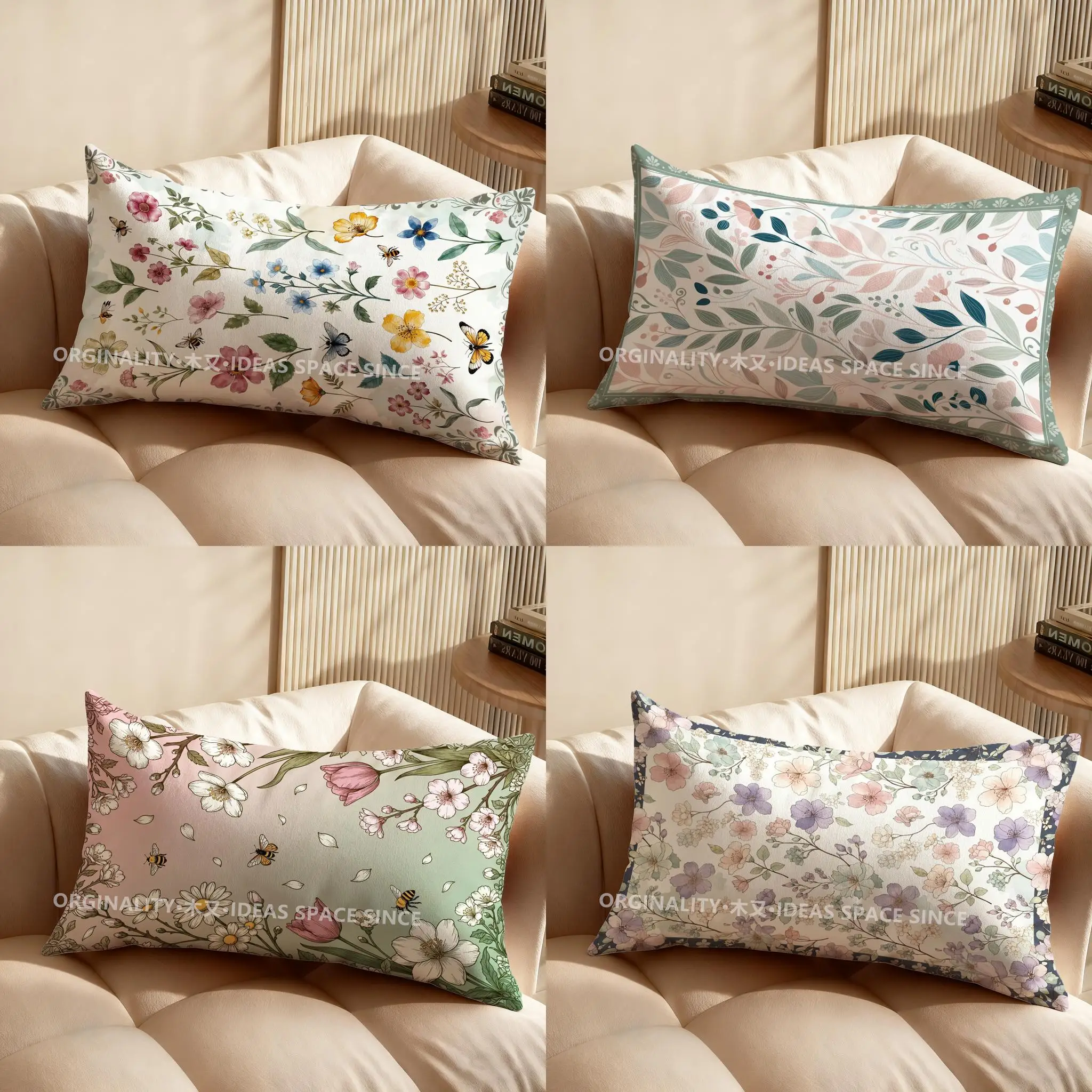 Floral Bee & Butterfly Pillowcase Suitable For Sofa Bedroom Car Pillow Cover Cushion Rectangular Back Cushion