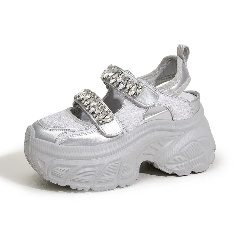 

Кожаные массивные кроссовки из микрофибры с воздушной сеткой 9 см, удобные ботильоны высокого бренда, модные летние ботильоны на крючках, блестящая женская обувь