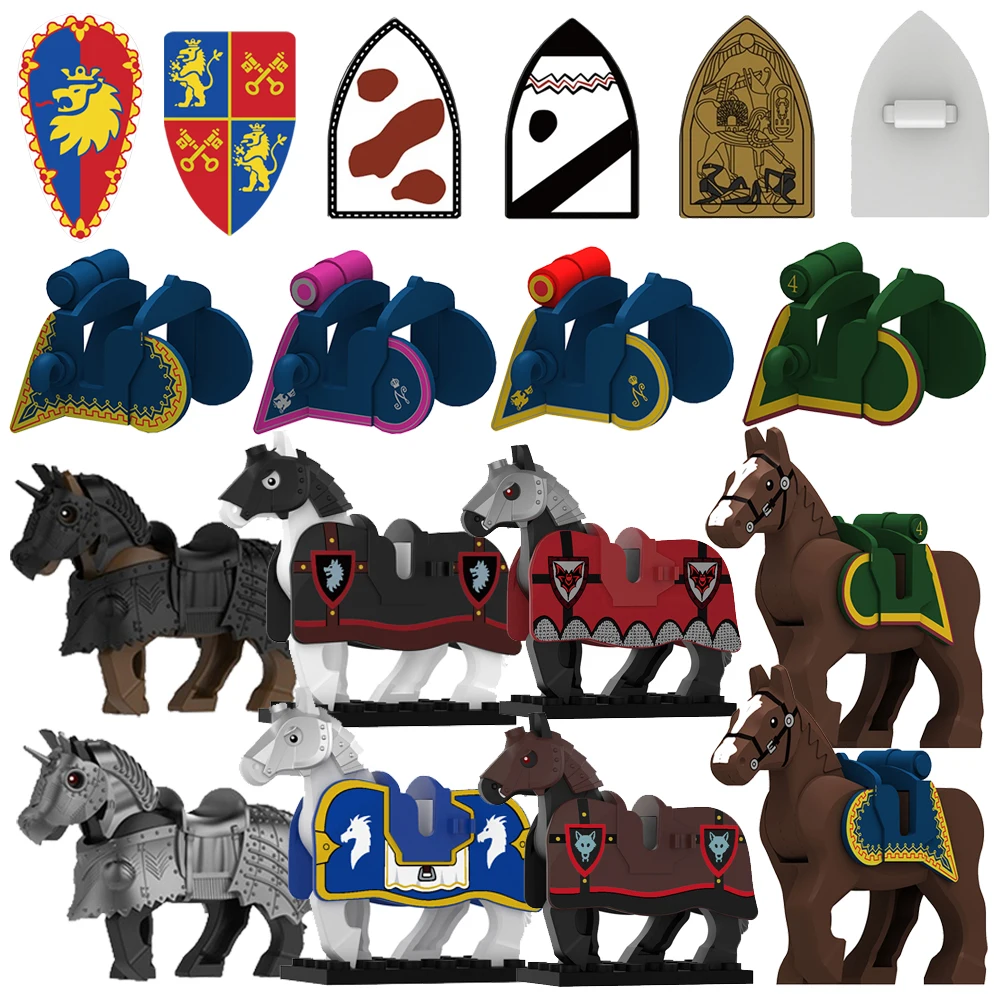 Bloques de construcción militares medievales, accesorios de soldado, soportes de escudo de faraón egipcio, sillines de caballos de guerra góticos de Napoleón, juguetes A042
