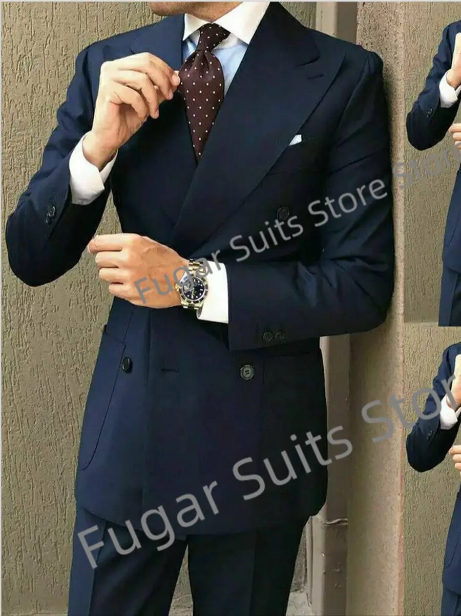 

Business Navy Blue Wedding Men Suits Slim Fit Double Breasted Groom Formal Tuxedos2Pieces Sets Fashion Male Blazer Costume Homme