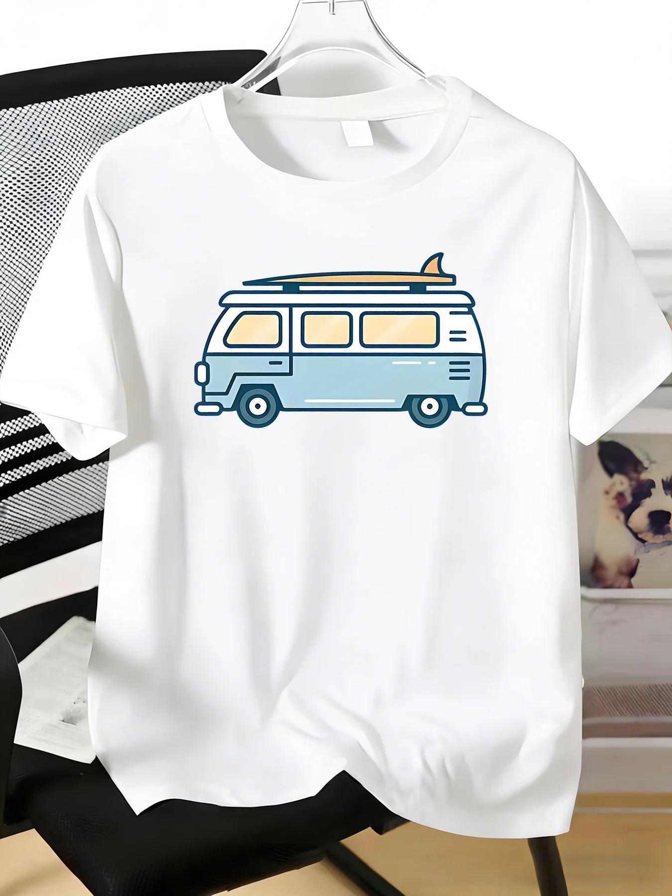 Vintage Camper Van Surfboard Print Mens Royal Blue Cotton Crew Neck Tee Road Trip Beach Surf Casual Summer Male Short Sleeve Top