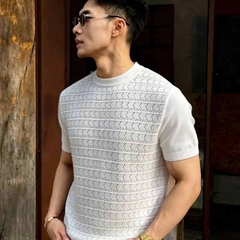 British Style Summer Knitted Hollow T-shirt for Men Round Neck Short Sleeved Ice Silk Casual T-shirts Elastic Versatile Tee Tops