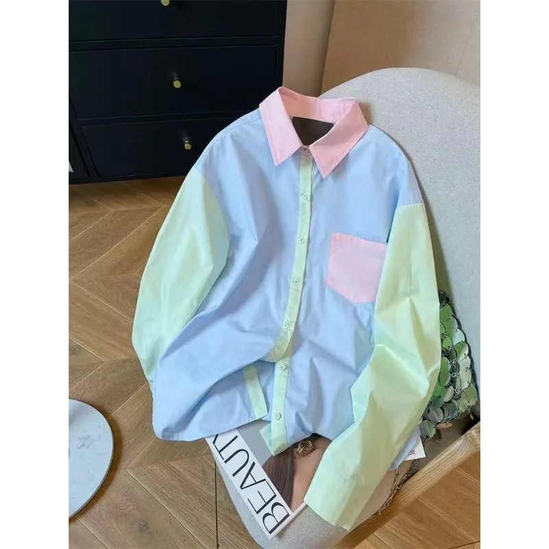 

Корейская атмосфера, допамин, контрастный цвет, рубашка для женщин, осенний уникальный стиль, топ с воротником-поло и длинными рукавами