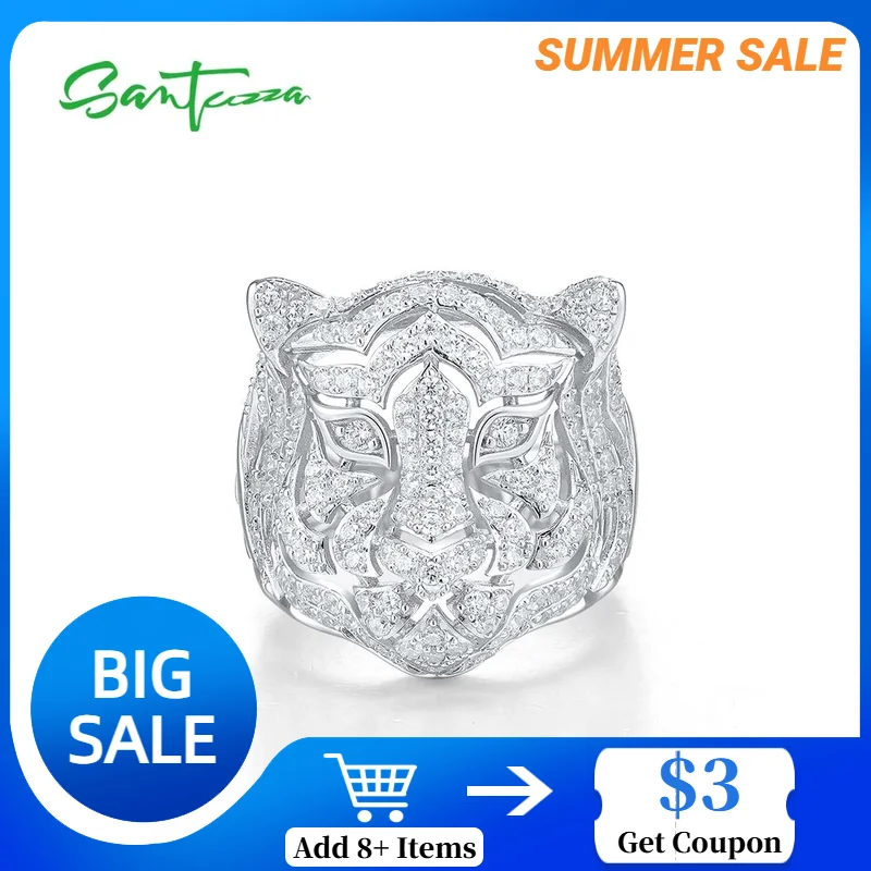 

SANTUZZA Genuine 925 Sterling Silver Neutral Ring For Women / Men Sparkling White Cubic Zirconia Cute Tiger Animal Fine Jewelry