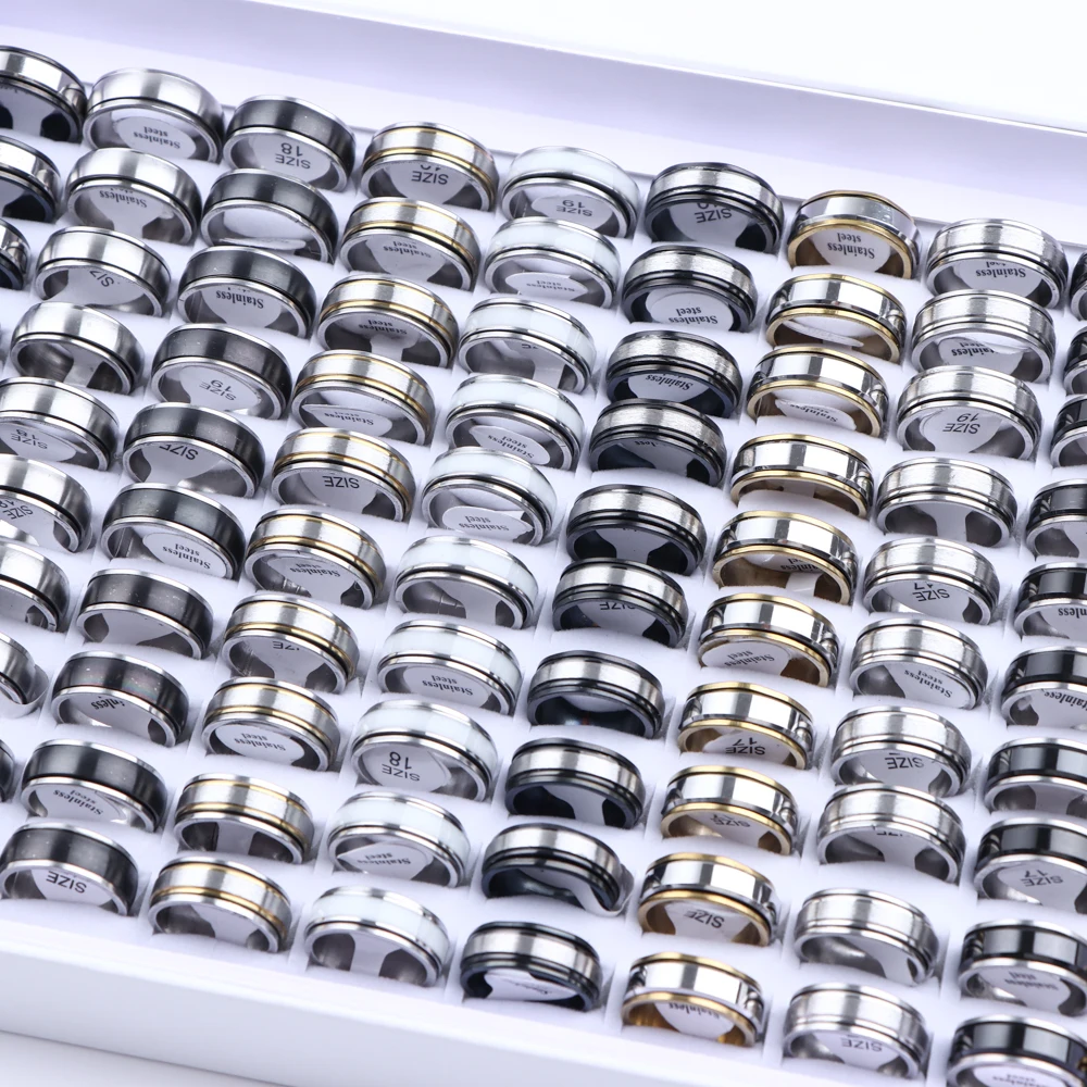 10/20/30/50Pcs/Lot Classic Trend Hollow Out Number Stripe Rotatable Stainless Steel Rings Mix Style Men Jewelry Gifts Wholesale