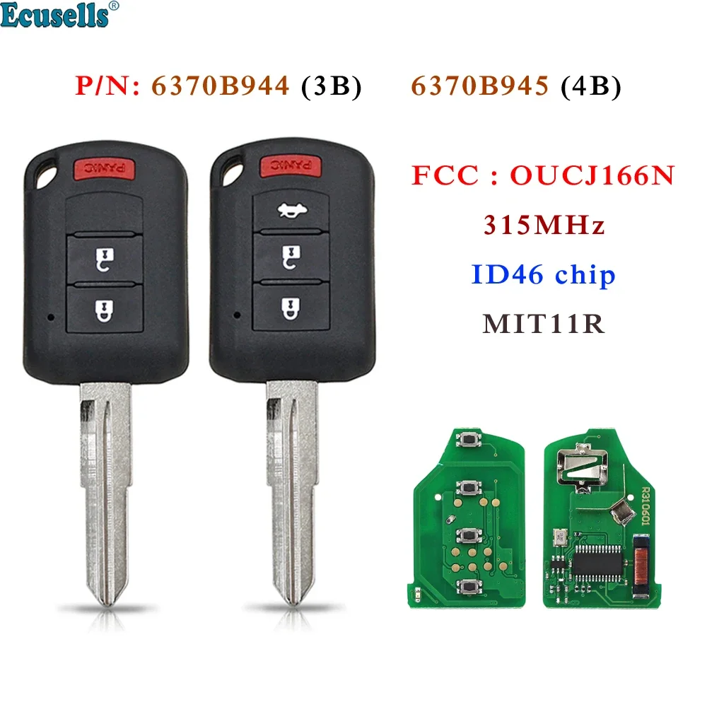 Ecusells 3/4 Button Remote Key 315MHz ID46 PCF7941 Chip for Mitsubishi Outlander Sport  Lancer P/N 6370B944 3670B945 OUCJ166N