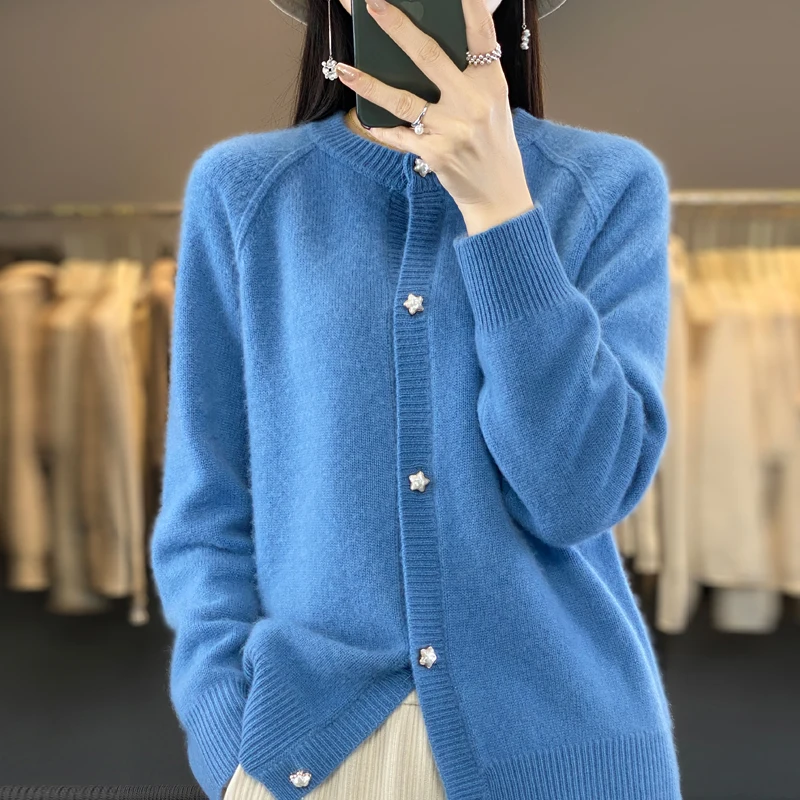 Autumn and winter new 100% pure wool cardigan Joker solid color O-neck fashion padded warm star button women's loose top