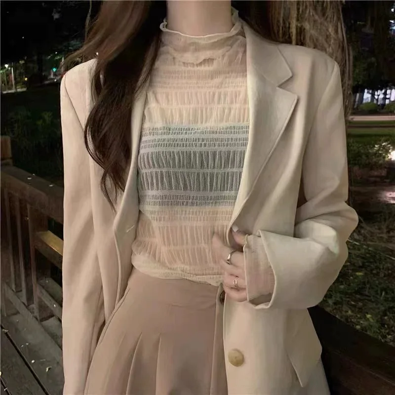Fashion Women Long Sleeve Tops Korean Streetwear Loose Solid Sexy Club Summer Casual Transparent Thin Folds Tee Shirt