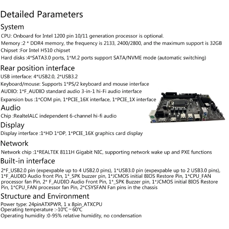 

H510 Computer Motherboard LGA1200 Support Intel10 11 CPU 2 DDR4 NVME