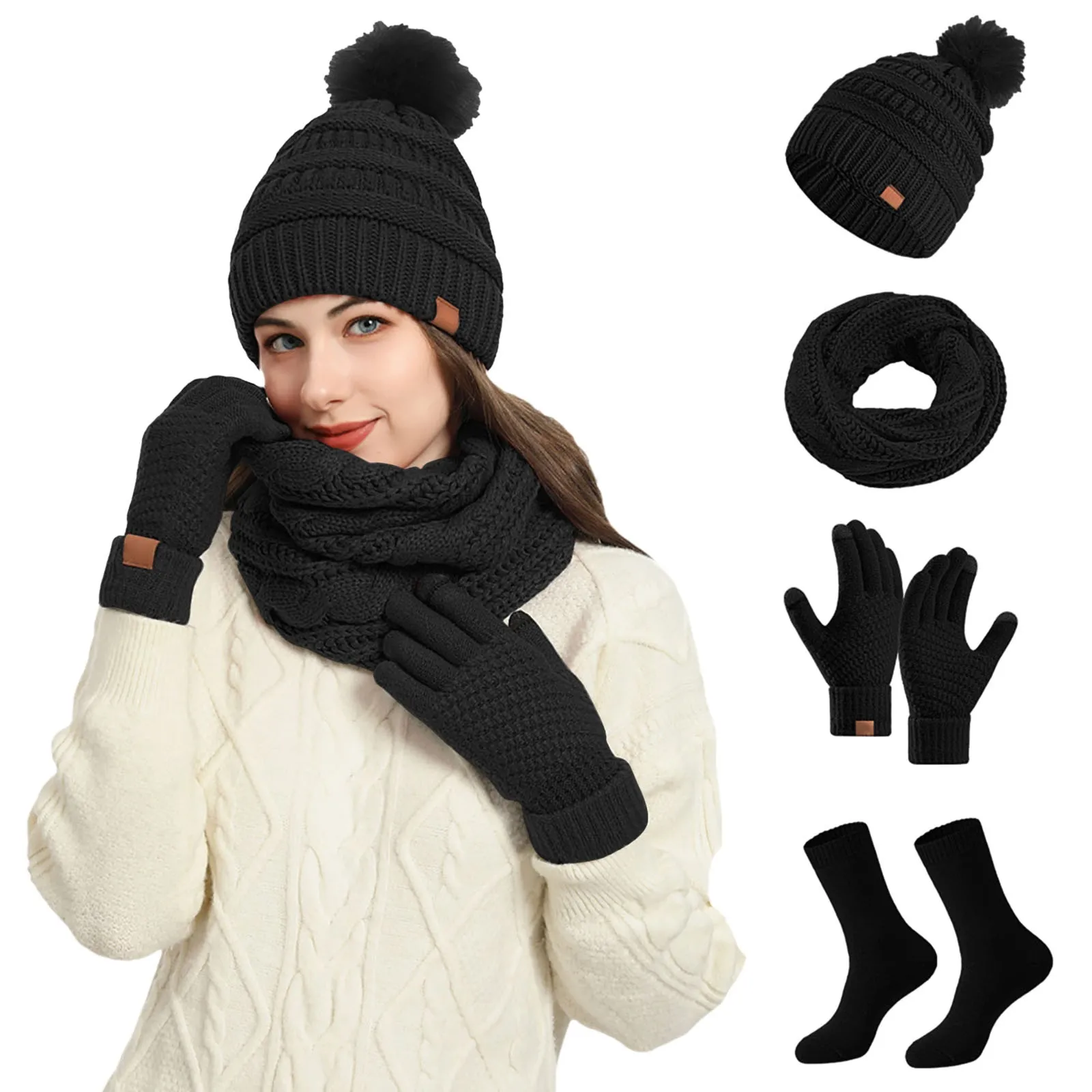 Winter Warm Cute Wool Hat Scarf Gloves Slouchy Four Pieces Set Winter Snow Knit Cap Screen Mittens Scarves Sets 2025