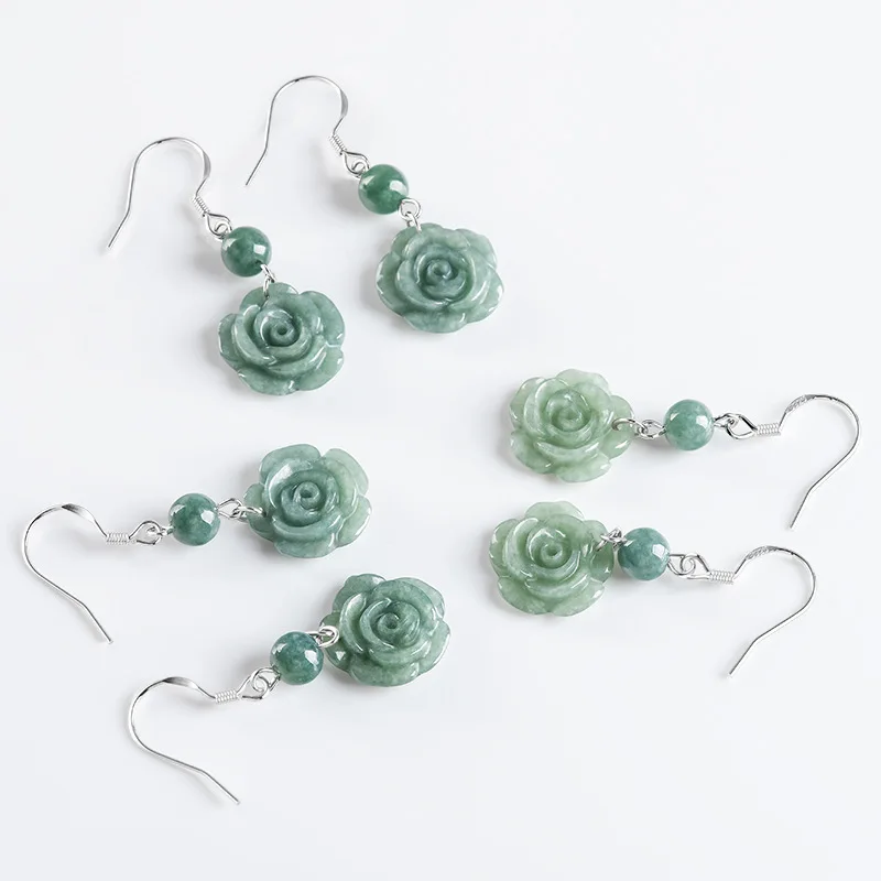 Authentic Natural A-grade Jade Bean Green Rose Earrings S925 Silver Ice Jadeite Fashionable Women\'s Gifts Jewelry Drop Shipping
