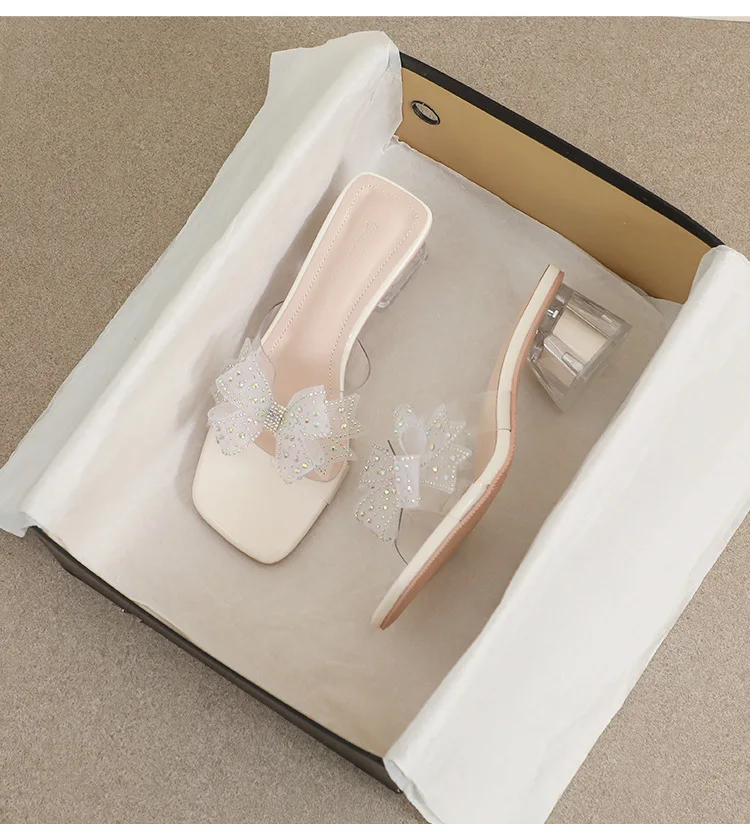 Rhinestone Bow High Heel Slippers Summer 2023 French Style High Grade Crystal  34-40 Small Women's Shoes