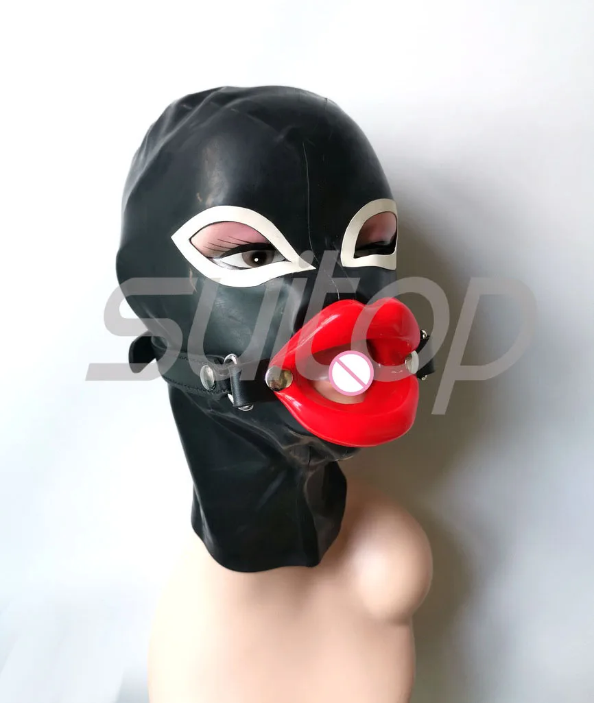 

Catsuitop Новые латексные маски с мягким красным поясом для губ в черно-белой отделке.