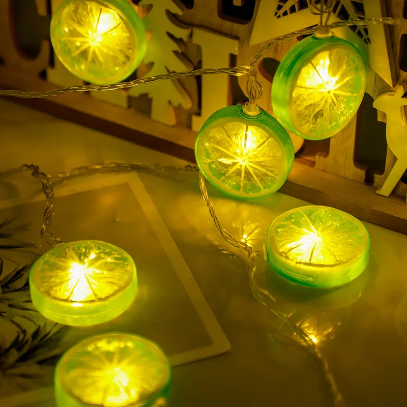 Green Lemon LED String Lights, atmosfera interior, decoração de Natal, luzes de bateria, festa, Happy New Year Room, 087