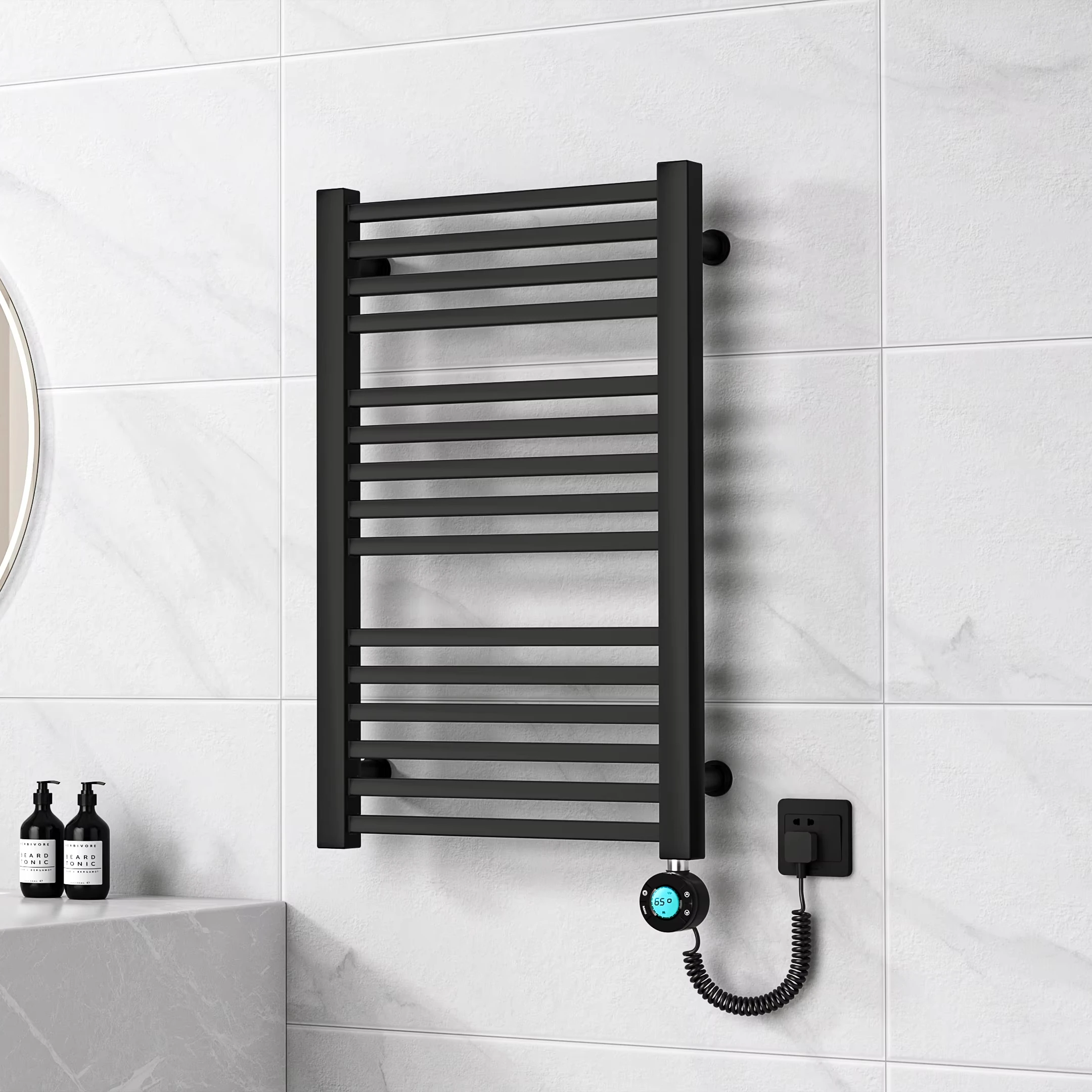 Hotel Style Electric Towel Dryer with Powder Coating Black Steel Material and Heater Feature for Bathroom Use