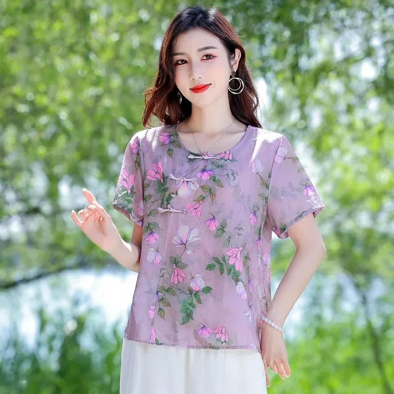 

Women's Chinese Style Printed Short Sleeve Top for Mom - Round Neck Frog Button Loose Fit Blouse for Summer