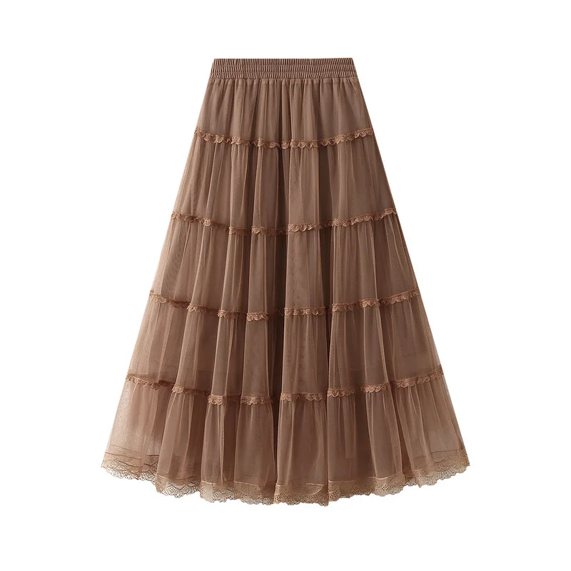 2024 Fashion High Elastic Women Tulle Ruffle Skirt Multi Layer Patchwork Lace Cake Big Swing Midi Long Skirts