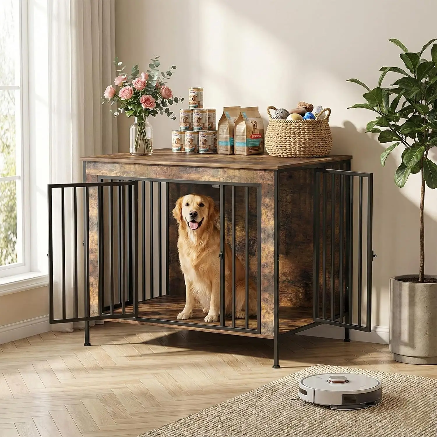 

Dog Crate Furniture Heavy Duty for Large Dog, Sturdy Indoor Kennel Table with Dual Doors, Elevated