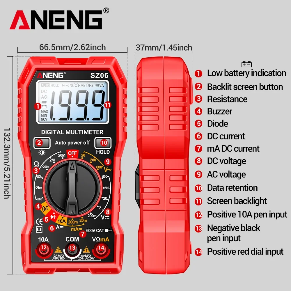 

ANENG SZ06 2000 Counts Smart Digital Multimeter AC/DC Voltage Meter DC Current Ohm Tester Meter Tools Detector Electrician Tool
