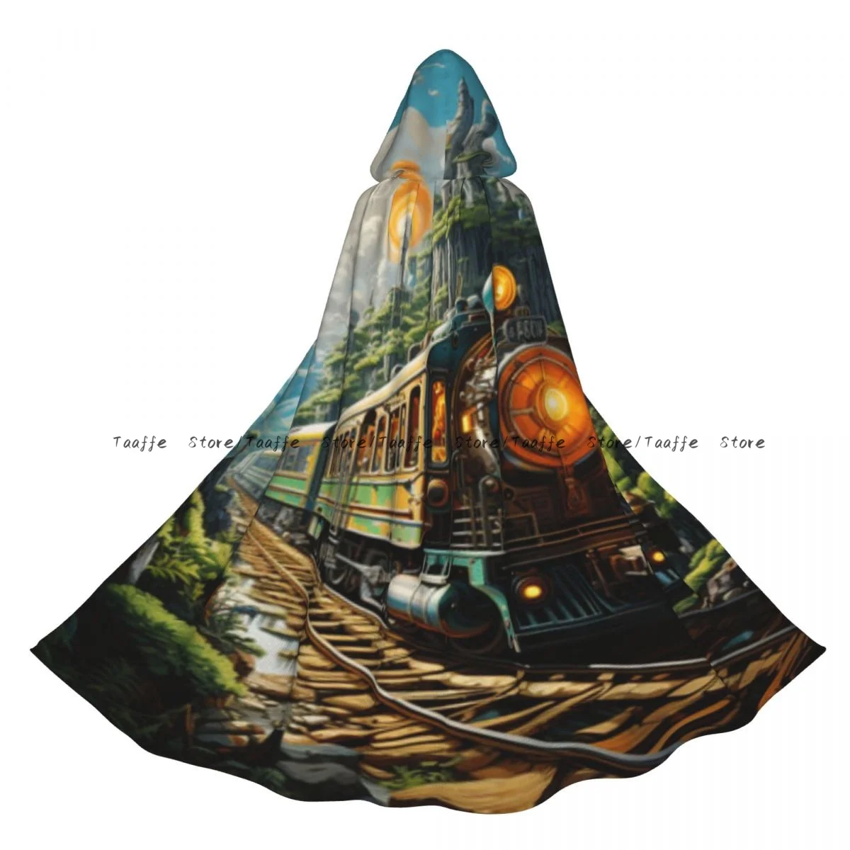 

Cartoon Steam Train In The Forest Fantasy Landscape Witch Cloak Halloween Cosplay Costume Adult Unisex Cloak Retro Ages Cape
