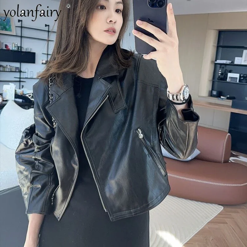 Motorcycle Genuine Leather Clothing Female Natural Leather Clothes Women Pure Sheepskin Coats Lapel Black Tops Chaquetas FCY4911