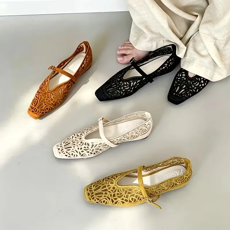 Damen Mary Jane Flats mit Hohlmuster, Quadratischer Zehenpartie, Einzelriemen und Schnalle, Atmungsaktive Sommer-Freizeitschuhe, Ballerinas – Detail 3