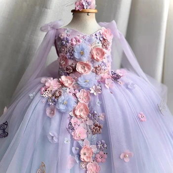 שמלת הילדה של הנסיכה lolita גזה שמלת רקום פרח פנינה שמלה רכה קרנילון יום הולדת הופעה