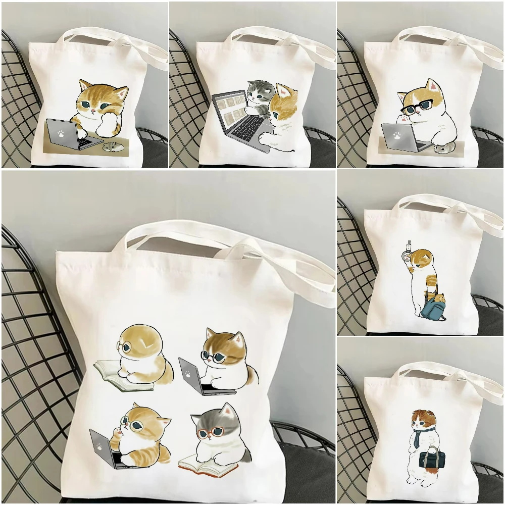 

Cute Ginger Kitten Working Canvas Bag Amusing Career Cat Design Spacious Reusable Tote for Office and Commuters School