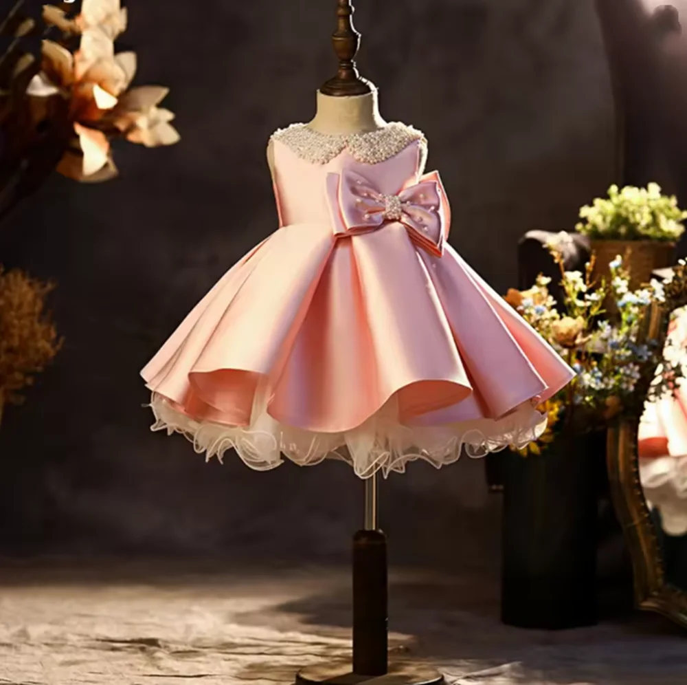 

2025 Glitter Pearls Sleeveless Satin Princess Gown Cute Graceful Pink Bow Girls Dresses For School Performance Catwalk Show