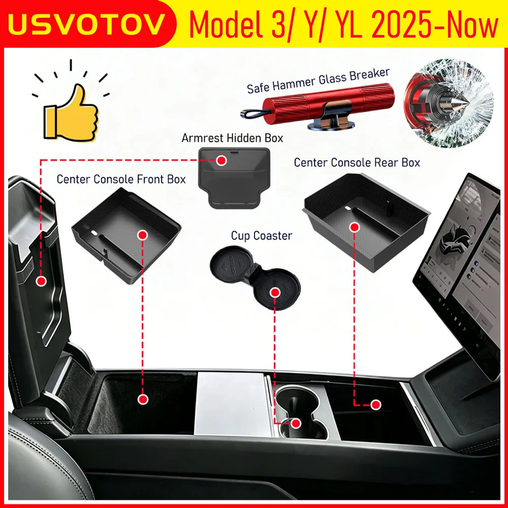 Center Console Organizer Tray For Tesla Model 3 Y YL 2025 2026 Armrest Storage Box Cup Holder Car Window Breaker Seatbelt Cutter
