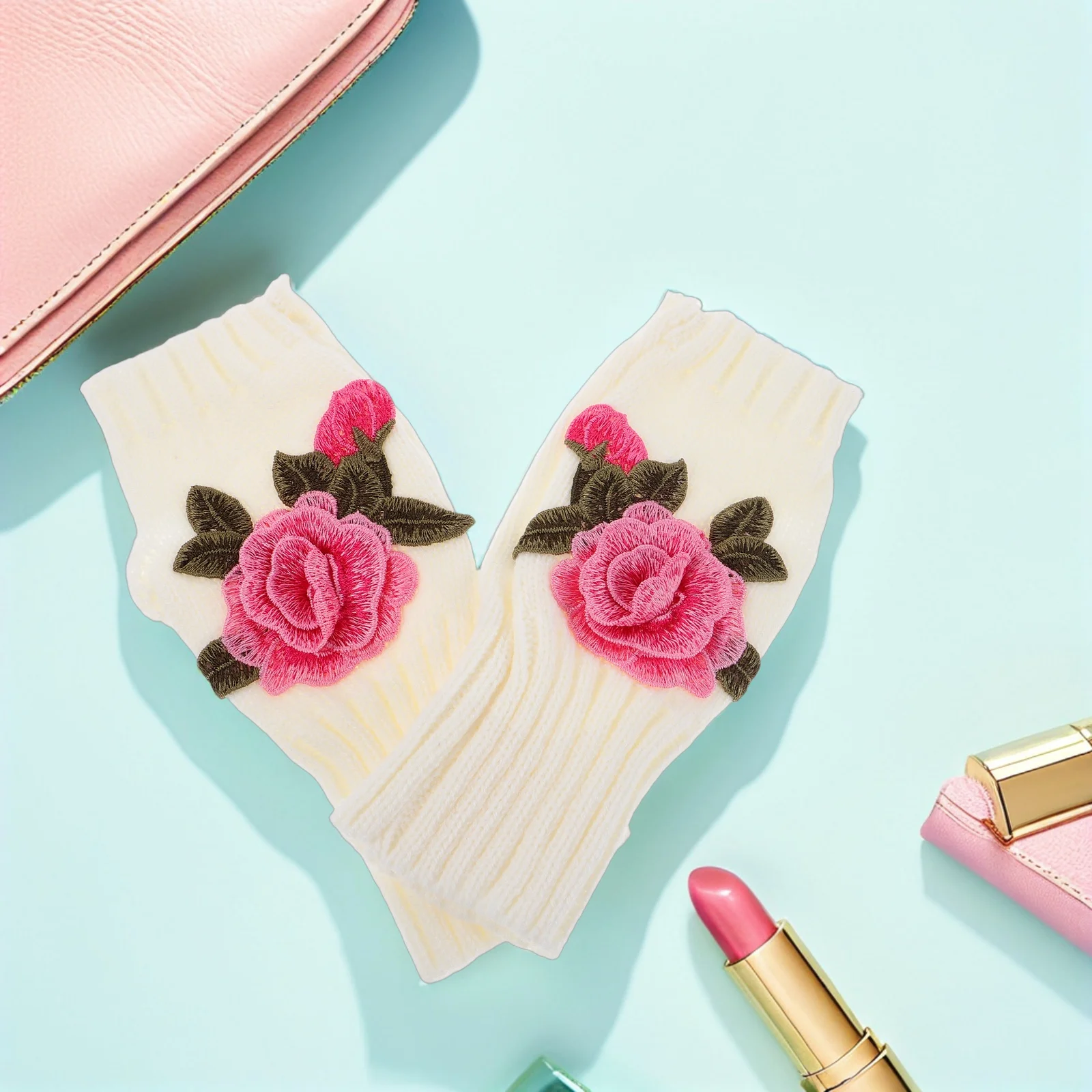 1 زوج المرأة قفازات بدون أصابع محبوك نصف اصبع قفازات مع نمط الأزهار الدافئة لخريف شتاء ارتداء اليومي