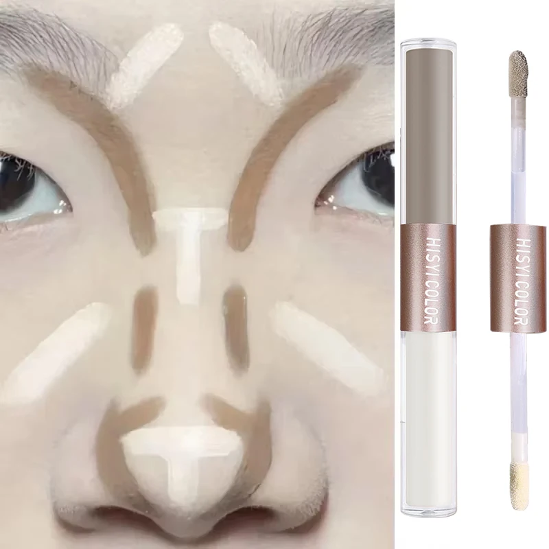 Caneta corretiva dois em um com destaque de ponta dupla, gravação 3D de nariz e rosto, cinza cimento, maquiagem natural