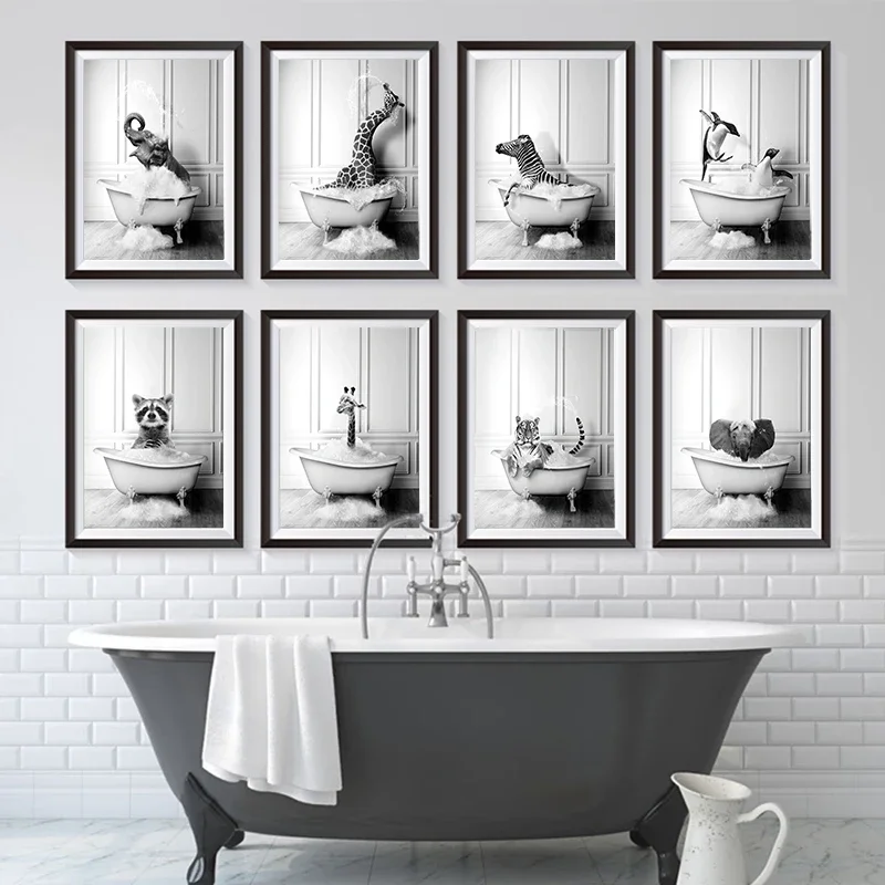 

New Arrival Black White Animals In Tub Bathroom Wall Art Canvas Painting Posters and Prints Wall Pictur for Room Decor