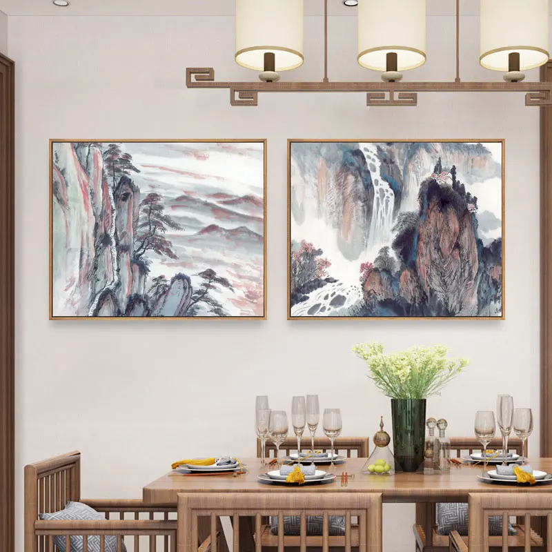 Chinese Style Canvas Painting Landscape Painting Chinese Characters Mountain Peak Pine Tree White Crane Posters for Home Décor2