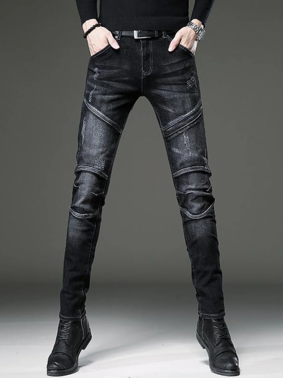 

High-End American Sle Motorcycle Jeans Men's Trendy Brand Winter Street Slim Fit Faionable Bla Elastic Long Pants