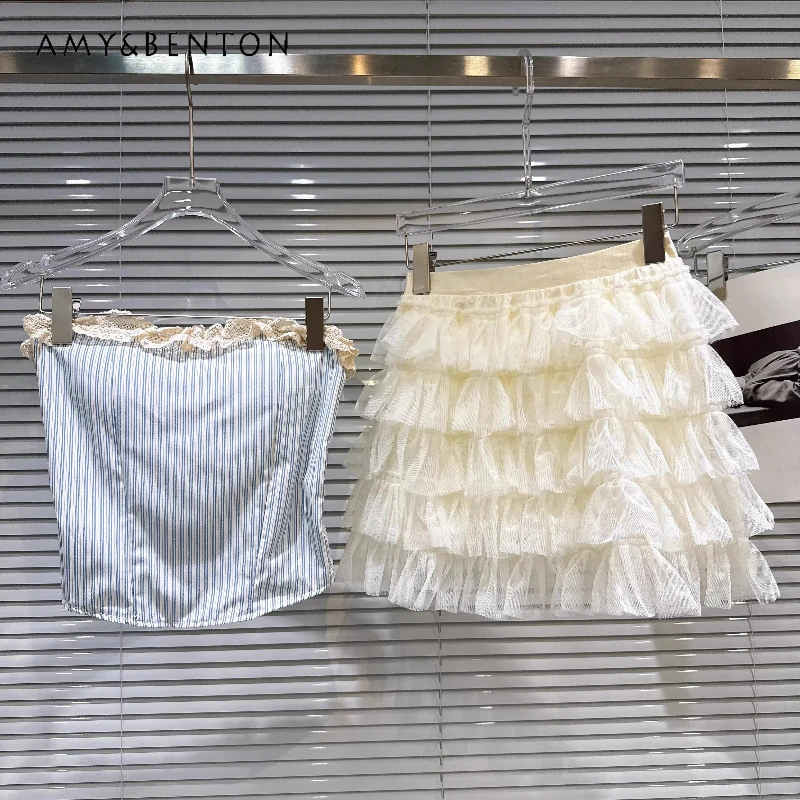 

2026 Spring Summer New Sweet Cool Lace Splicing Vertical Stripe Women's Tube Top Korean Design Mesh Y2k Cake Skirts Sets Ladies