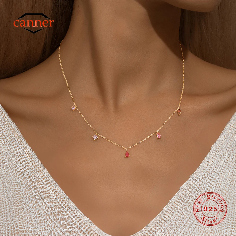

CANNER 925 Sterling Silver Colorful Geometric Zircon Stacked Necklace For Women Ins Minimalism Eight Pointed Star Fine Jewelry