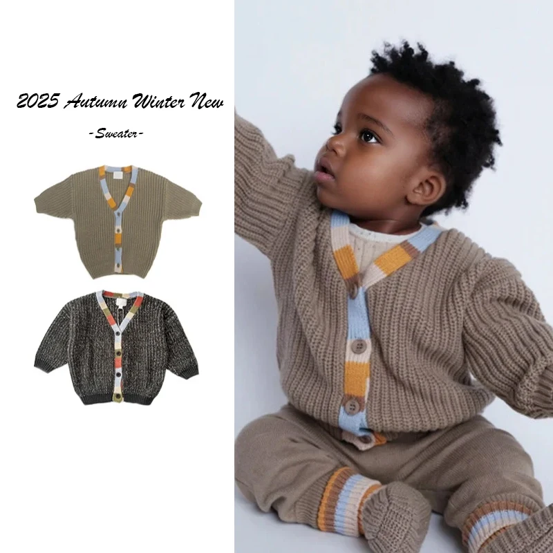 

2025 Autumn Winter New Baby V-neck Cardigan Sweater Autumn Boys Girls Knitted Long Sleeve Hoodie Children's Winter Clothing 2-8Y