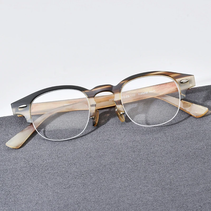 

Высококачественная полуоправа для очков в стиле ретро, литературная коричневая ниша, полнокадровый кронштейн для носа, бычий рог, близорукость, антисинее оптическое стекло