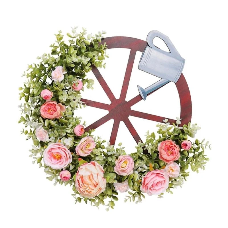 Unique Bike Wheel Flower Decoration with Water Decor, Stylish Floral Ornament Home Wall Front Door Decorations 15UB