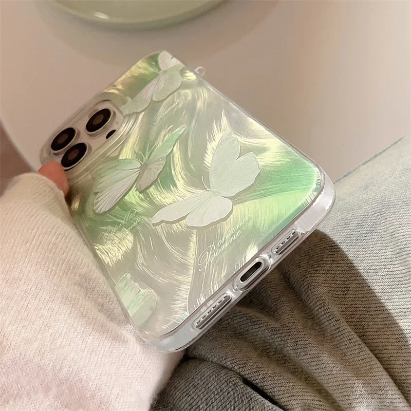 Green Gradient Butterfly Fox Tail Phone Case For iPhone 11 12 13 14 15 Pro Max XR XS X 7 8 Plus SE 2022 Shockproof Glitter Cover