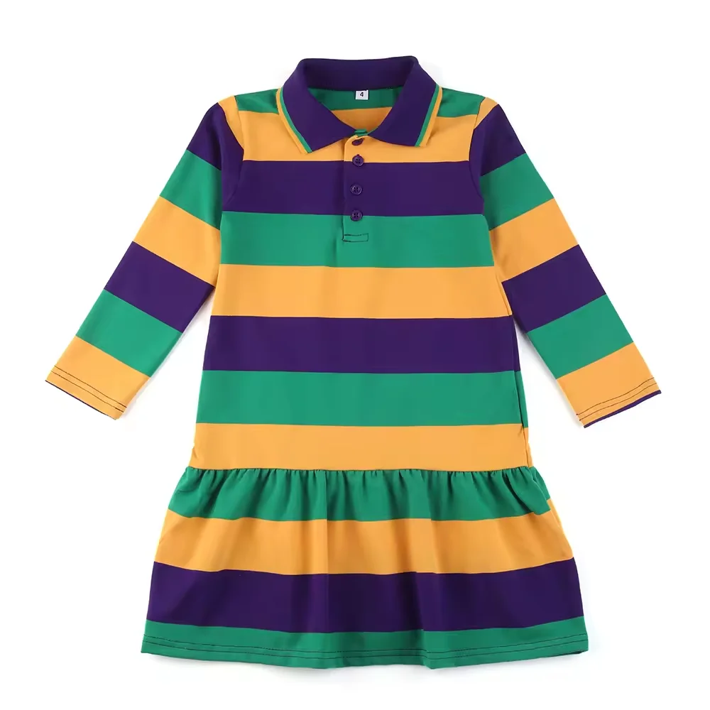 Mudbala Mardi Gras Apparel Classic Striped Purple Green Yellow Kids Girls Polo Dresses Sibling Matching Boys Polo T Shirts