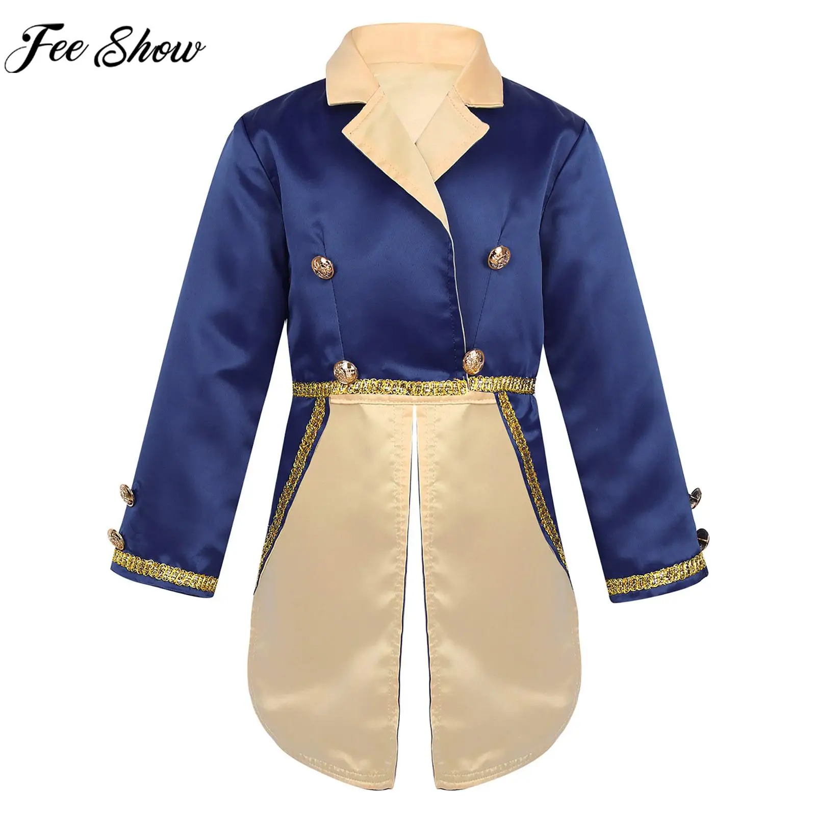 Kids Boys Long Sleeve Tuxedo Jacket Prince Cosplay Costume Turn-Down Collar Tailcoat for Halloween Party Role Play Photography