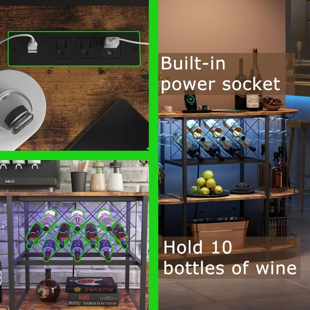 Tavolo da bar per armadietto del vino con presa di corrente e luce a LED, tavolino da bar a tre livelli Portabottiglie Liqour Bar con ampio spazio di archiviazione